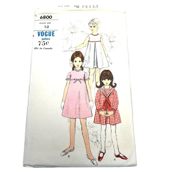 Vogue Vintage 1960's Pattern #6800 Childs One Piece Dress Size 12 - Picture 1 of 6